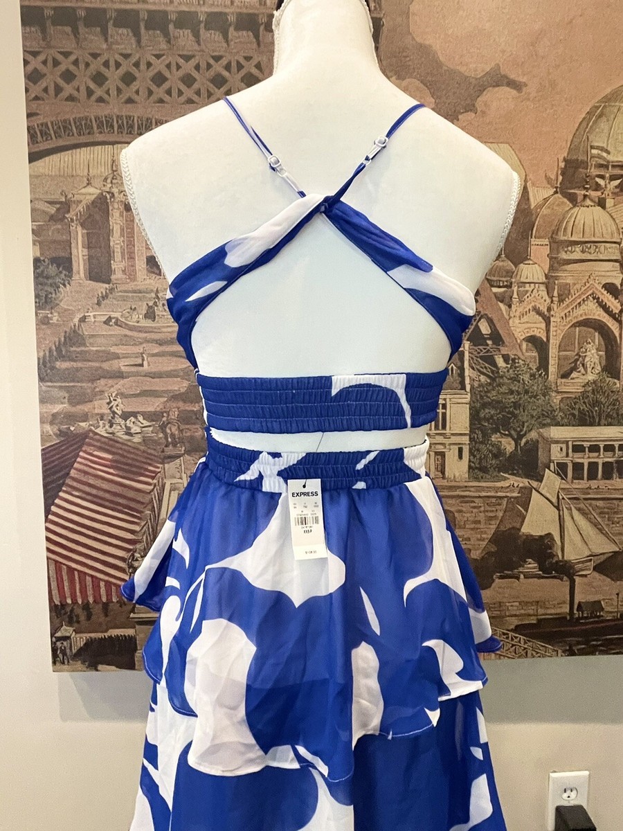 NWT Express Women's Blue Floral Print Ruffle Maxi Dress -Size XXS P | eBay