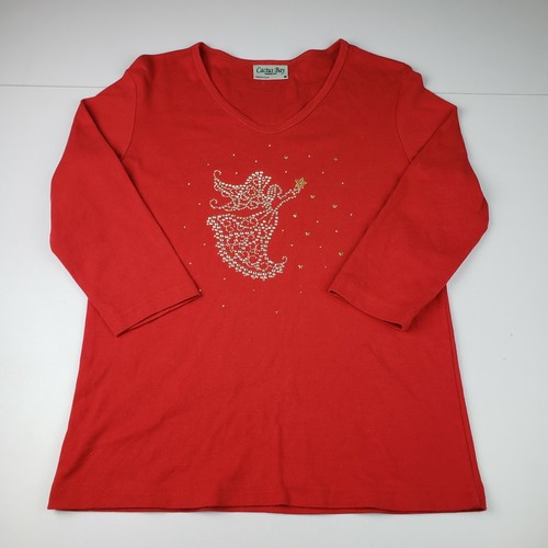 Cactus Bay Apparel T-Shirt Women's Medium Red Embellished X-Mas Angel Knit Top