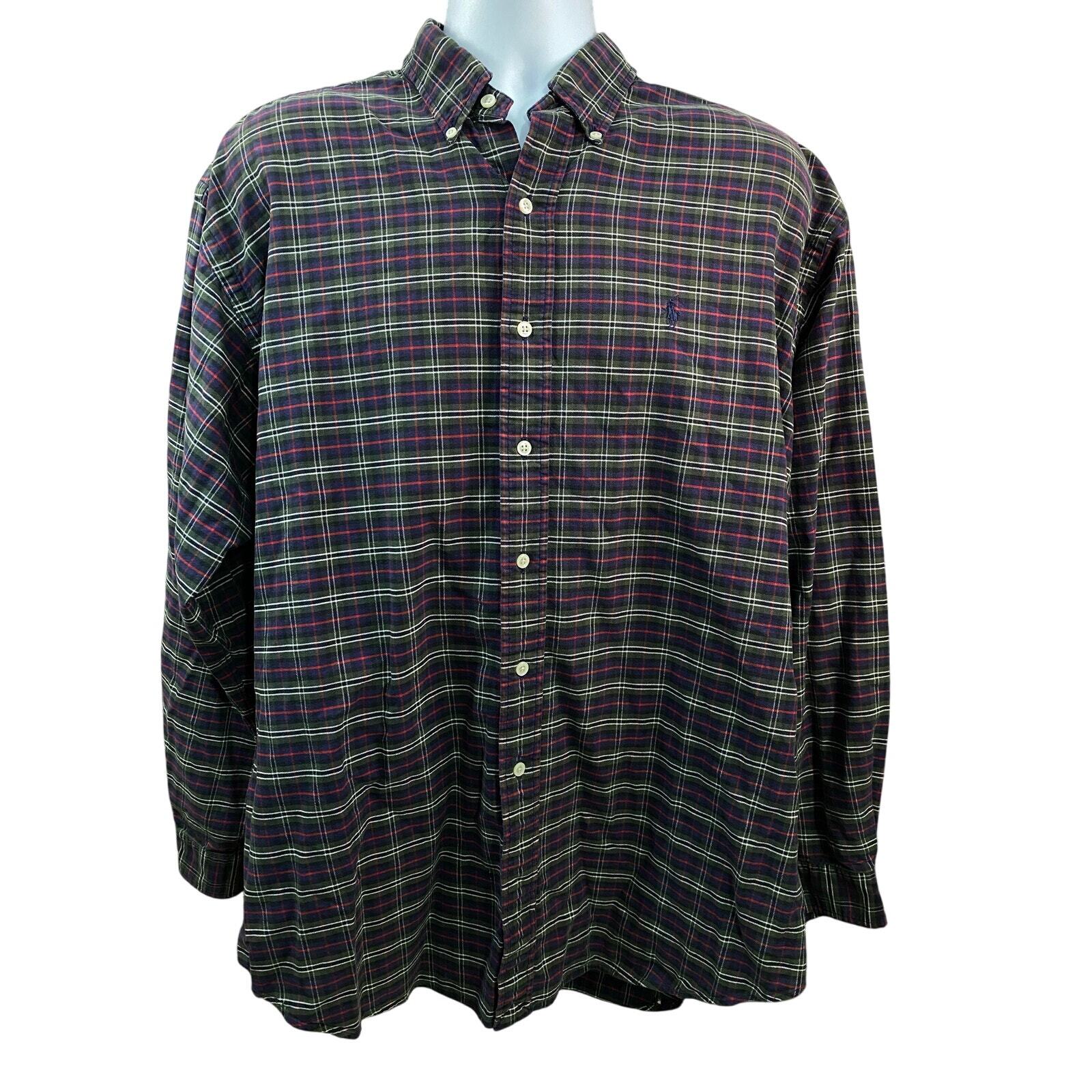 Ralph Lauren Polo Shirt Plaid Green Red XL 100% Cotton