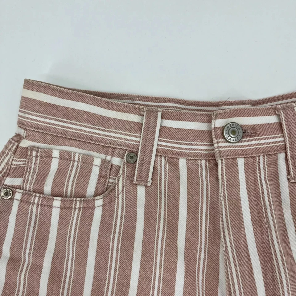 Pantalones cortos de mezclilla American Eagle para mujer talla 2 naranja melocotón a rayas con puños tiro alto Foto 4 de 4