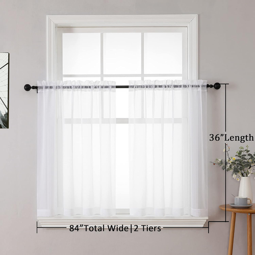 White Sheer Curtains 36 Inch Length 2 Panels Set, Light Filtering Voile Rod Pock - Picture 7 of 9
