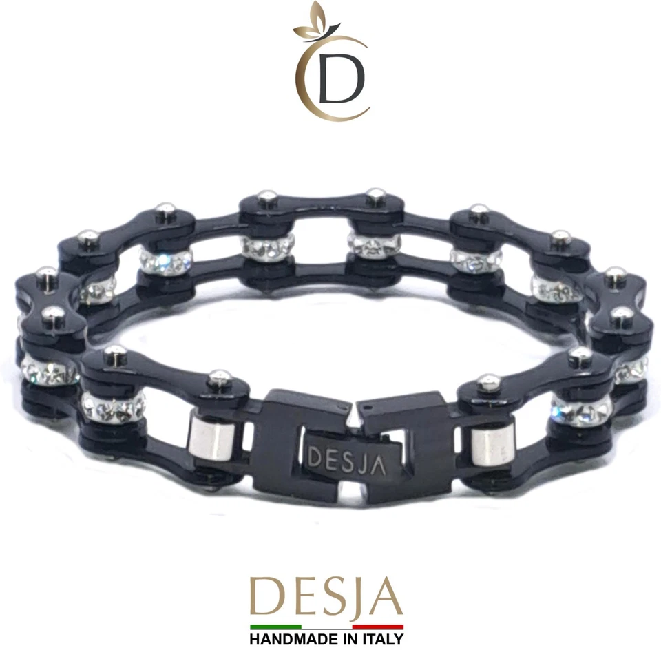 Bracciale Catena Moto Acciaio Nero Cristalli Bianchi | Nero Cristal Desja® Uomo - Immagine 2 di 3