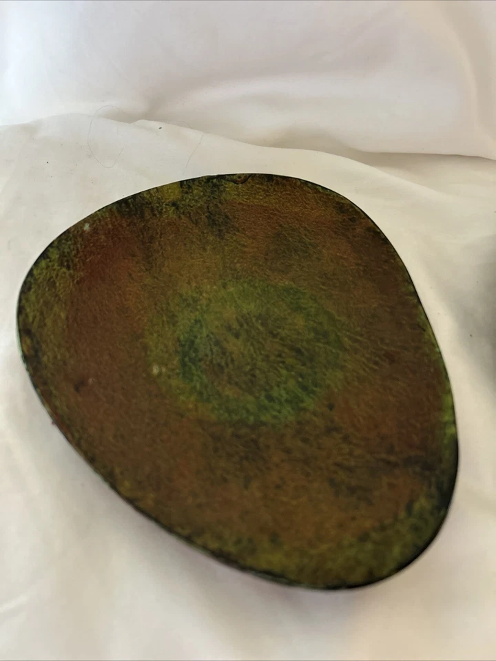 Pier 1 Pillar Candle Holder Metal Plate Brown Green Oval 9” Trinket Dish Set 3 - Image 2 of 4