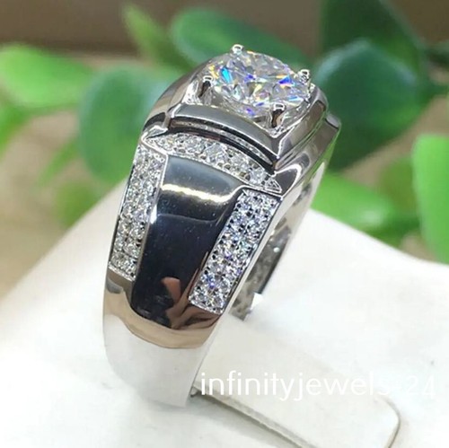 Men's Wedding Ring 2.86CT Lab-Created Round Cut VVS1 Diamond 14K White Gold Over - Picture 6 of 9