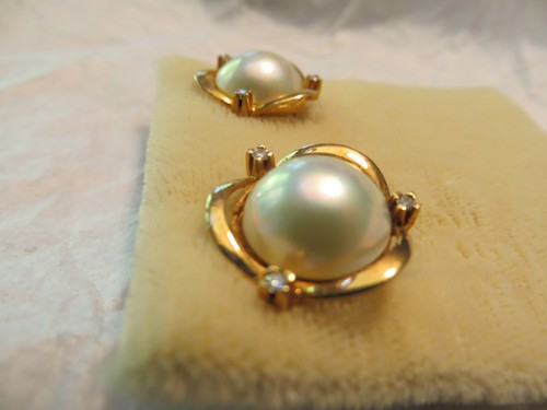 Vintage Leys Christie 14kt Mabe Pearl Diamond Amythest Earrings New Old Stock - Picture 4 of 13