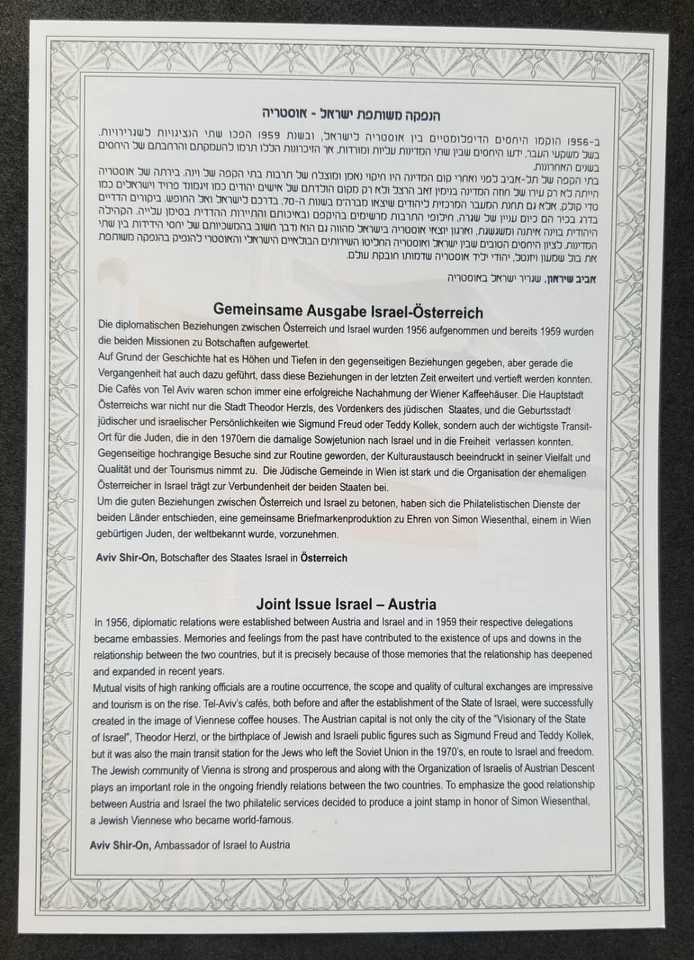 [SJ] Austria Israel Joint Issue Simon Wiesenthal 2010 Flag (FDC) *dual PMK - Image 2 of 4