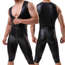 Men's Bodysuits PU Leather Jumpsuits PVC Latex Catsuit Zipper Leotard Clubwear