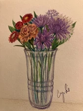 ORIGINAL DRAWING FLOWERS IN VASE . CARNATION, CHRYSANTHYMUM