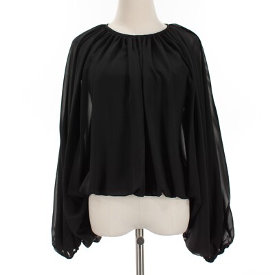 Halston NWD Cara Chiffon Blouson Top Size 10 in Solid Black 100% Polyester