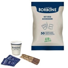 KIT ECOLOGICO 50 BICCHIERI CARTA PALETTE BETULLA LEGNO ZUCCHERO CAFFÉ BORBONE