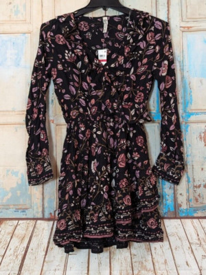American Rag Womens Size XS Black Floral Knee Length Ruffle Dress Juniors $69.50