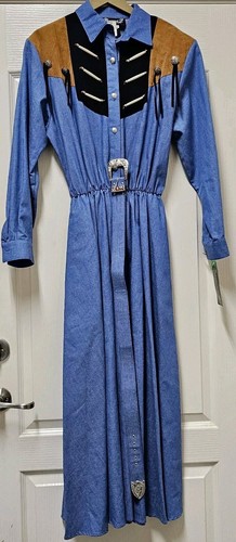 Vtg Diamond L Dress Womens M(9/10) Western Wear Blue Conchos Belted USA Pockets! - 第 1/14 張圖片