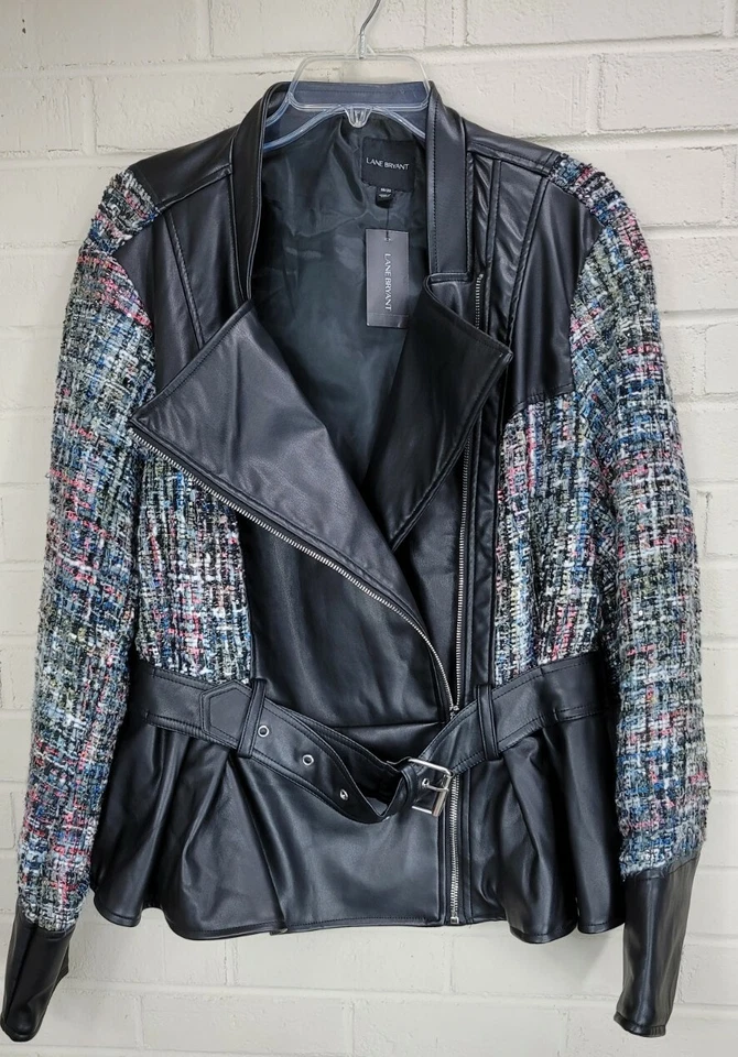 Chaqueta de moto con cinturón Lane Bryant de cuero vegano tweed y lentejuelas plateadas 18/20 nueva con etiquetas Foto 2 de 4