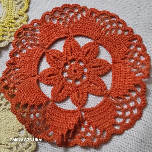 Set of 3 Handmade crochet Doily 4" coaster liner yellow & orange - Picture 3 of 5