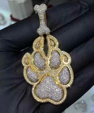 2Ct Lab Created Diamond Custom Paw Print Dog Bone Bail Men Pendant 925 Silver