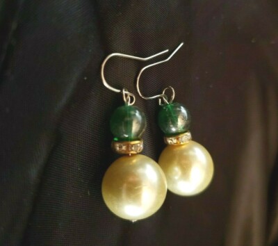 Emerald Green White Pearl Two-Ball Drop Earrings w/Sparkling