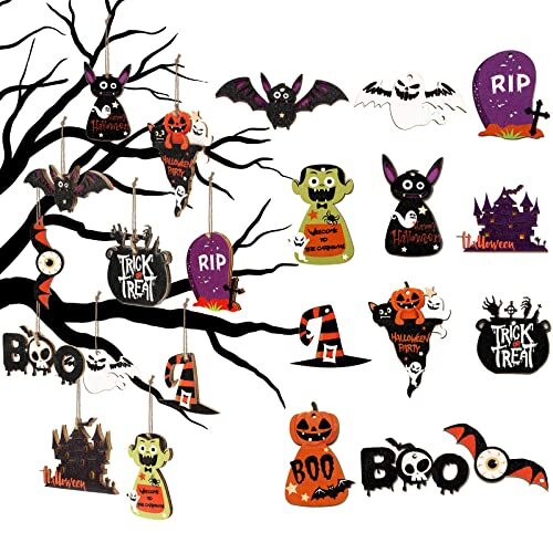 12 Pcs Halloween Wooden Hanging Ornaments 3D Rustic Pumpkin Black Cat Ghost - Picture 2 of 8