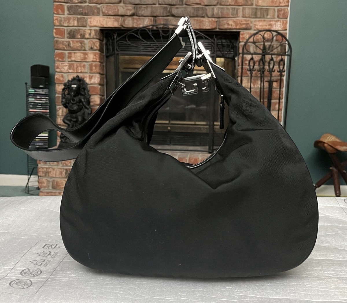 Gucci Black Leather Nylon Attache Shoulder Bag Purse Handbag