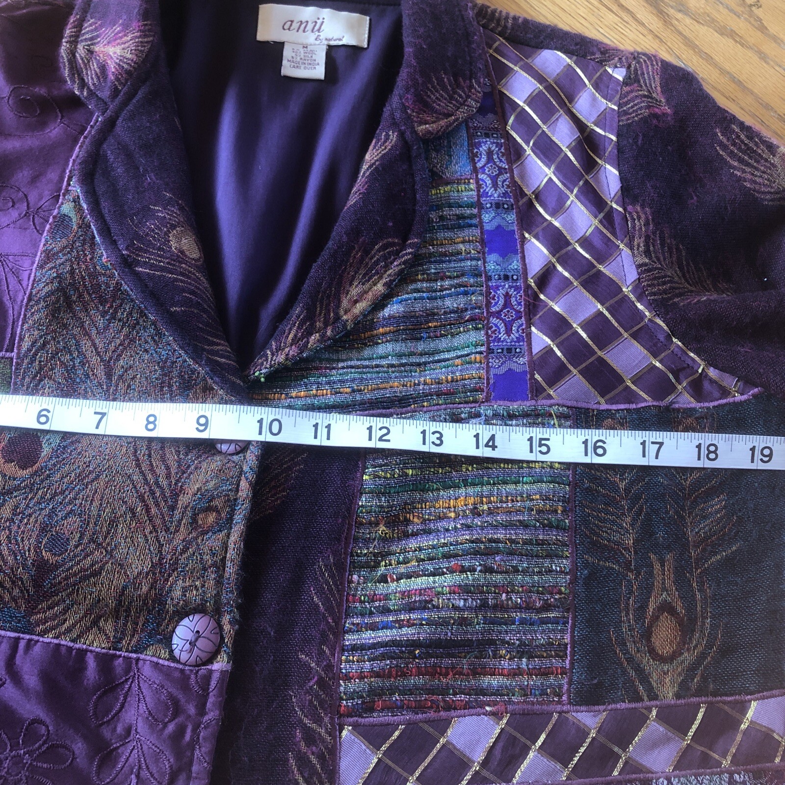 ANU Lined Purple Wool Jacket M Patchwork 3 Button… - image 8