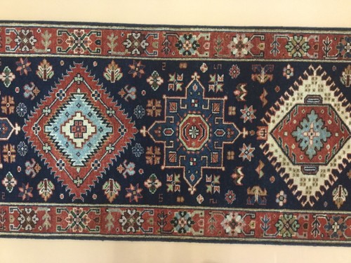 2'.0" X 7'.10" Navy Blue Rust Geometric Oriental Rug Narrow Runner Hand Knotted - Picture 11 of 12