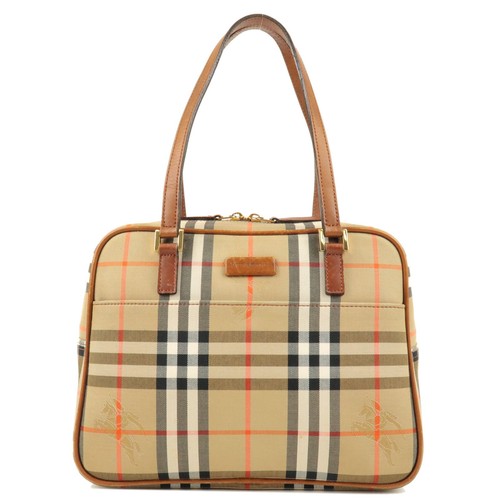 BURBERRY Nova Plaid Beige Brown Canvas Leather Bag Auth Used