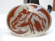 1950s Abstract Horse Head Silver and Enamel Belt Buckle