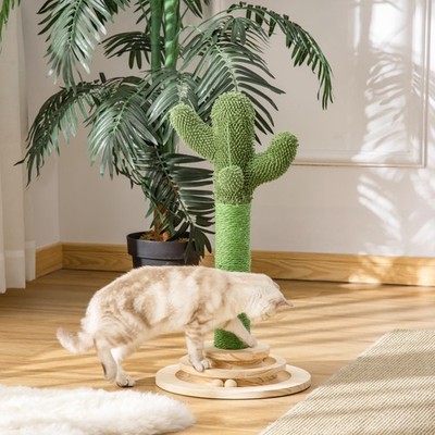 Kratzbaum Kaktus mit Sisal-Kratzbaum hängende Kugel, grün & Holz