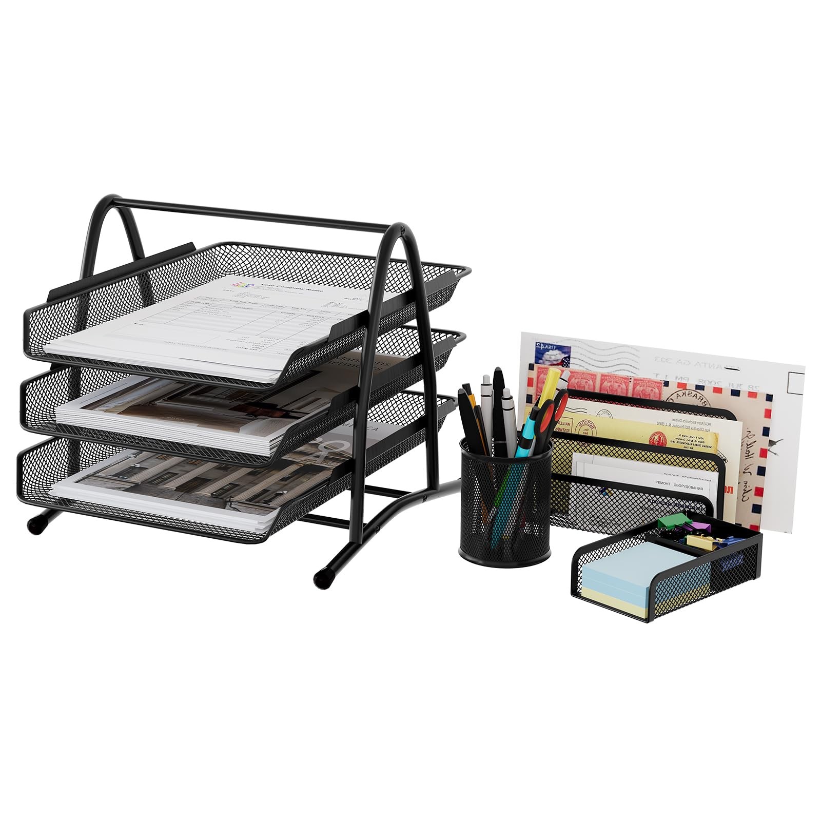 Rangement de bureau en métal 4 pièces avec porte-documents et organisateur de fournitures