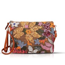 Bohemian Handmade Straw Clutch Purse with Sequin Embroidered Flowers for Summer
