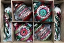 Christopher Radko Shiny Brite Large Pink Green Stripes Glass Ornaments Set 6