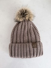 C.C Women's Soft Ribbed Cable Knit Cap Beanie Taupe Faux Fur Pom Poof