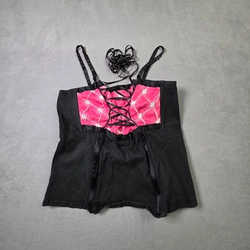 Tripp NYC Corset Top Black Pink Floral Goth Punk Lace Zip Up Stretch Womens 2