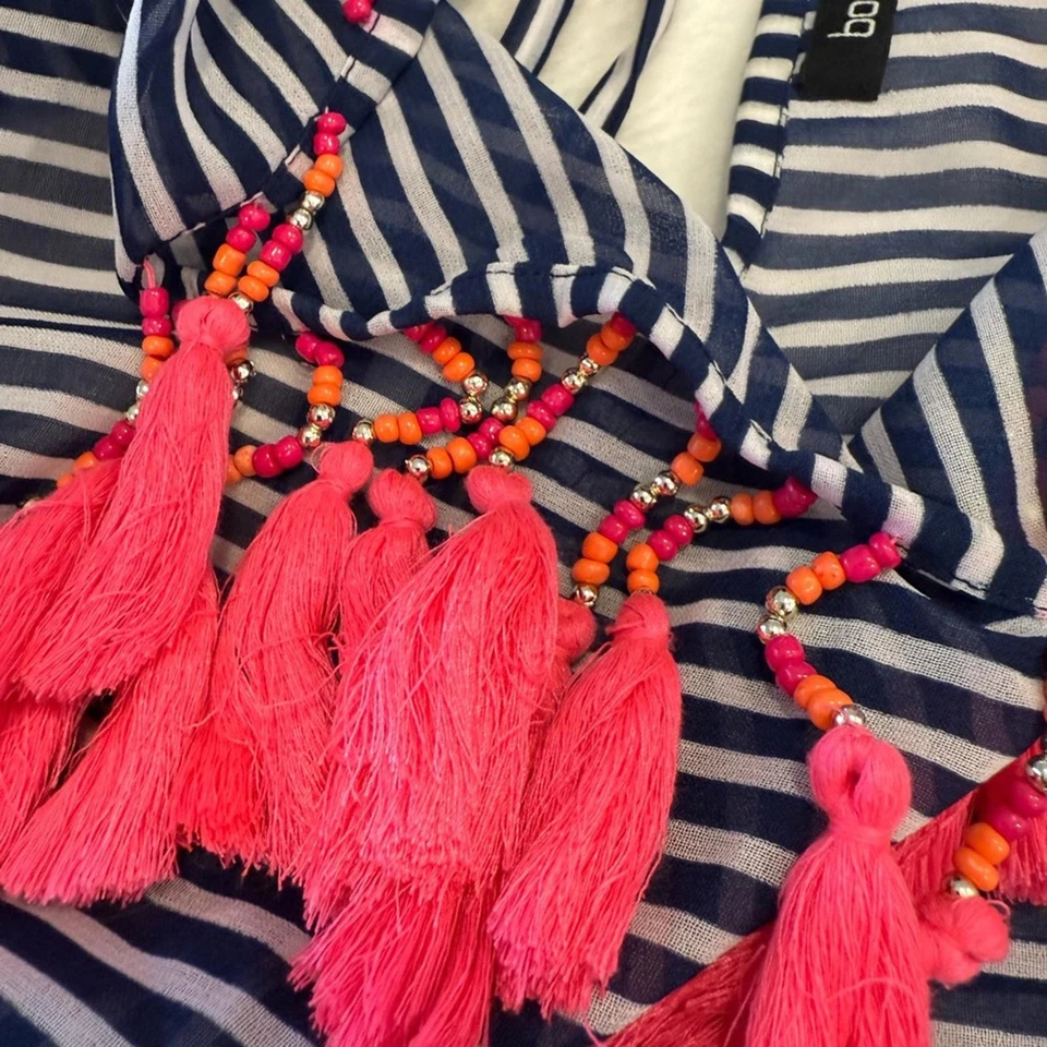 Boohoo swim coverup bold blue white stripes vibrant pink tassels & beads SZ SM - Image 3 of 4
