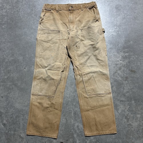 Carhartt Tan Duck Double Knee Work Pants B136 BRN Size 34x32 Faded Distressed