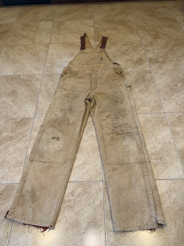 VTG 90s USED Men’s Carhartt R01 BRN Double Knee Overalls Bibs Size 38x34 Faded
