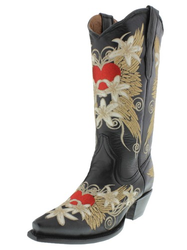 Womens Western Rodeo Boots Black Leather Heart Wings Embroidered Snip Toe Size 5 - Picture 1 of 5