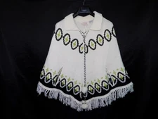 Vintage Carol Brent S White Green Brown Knit Cape Poncho Sweater Hippie Lace Up
