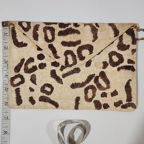 Kayu Talum Straw Envelope Clutch Leopard Shoulder Bag Beige Brown Chain Strap - Picture 6 of 9