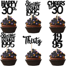 30PCS Black 30th Birthday Cupcake Toppers Glitter Party Decoration Supplies
