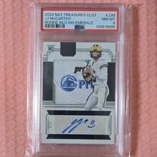 Panini 2024 Nat'l Treasures J.J. McCarthy Rookie Silo Emerald Auto 5/5 PSA 8 