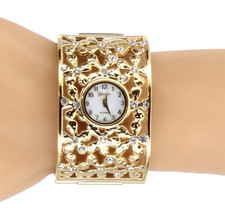 Gorgeous Ladies Cuff Bangle Watch With Floral Pattern Gold Finish.