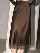 Women Lace Trim Satin Half Slip Mid Skirts Asymmetrical Skirt Elegant Silky Flow