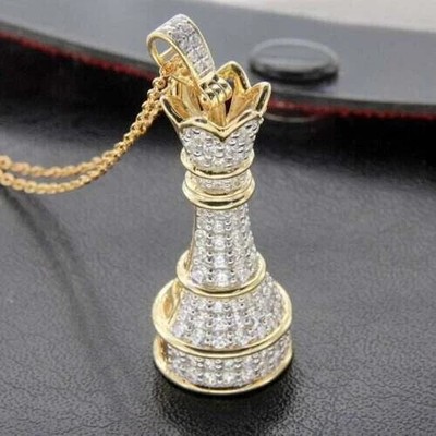 2.8Ct Round Cut Moissanite King Crown Chess Pendant 14k Yellow Gold Plated
