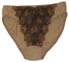 VtG PARISA Brown Silky High-Cut Panties Cocoa Lace Embroidery Sheer Panel L