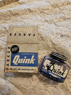 Vintage Parker Quink Ink Bottle and Box EMPTY Glass Jar FREE US SHIPPING Blue