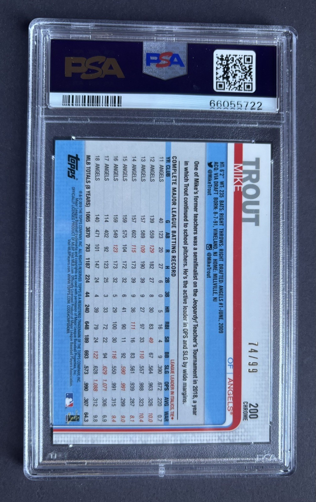 2019 Topps Chrome Mike Trout #200 Jumping-Green Refractor PSA 8 SP view 2