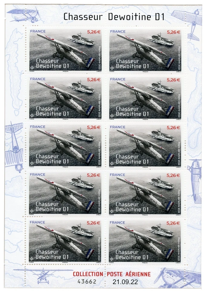 France - 2022 - Feuille Chasseur Dewoitine-10 timbres NEUF - N° F92a - cote 140 - Photo 1/1