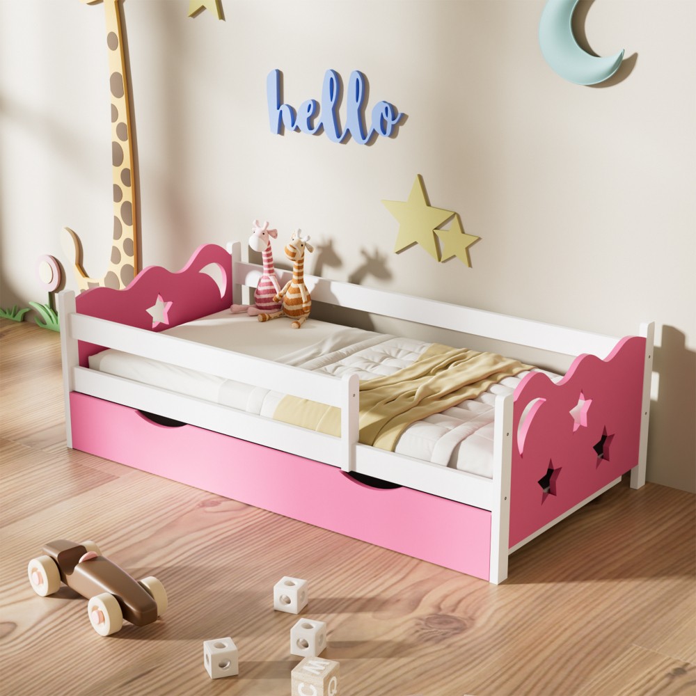 Children's Bed Frame, Pink for Young Girls, Sturdy and Easy To Assemble