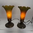 2 Vtg Art Deco Art Nouveau Style tulip Glass shade electric lamp Amber 8.5” READ