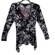 Karen Kane Red Black Floral Scoop Neck 3/4 Sleeve Jersey Knit Blouse Size XS